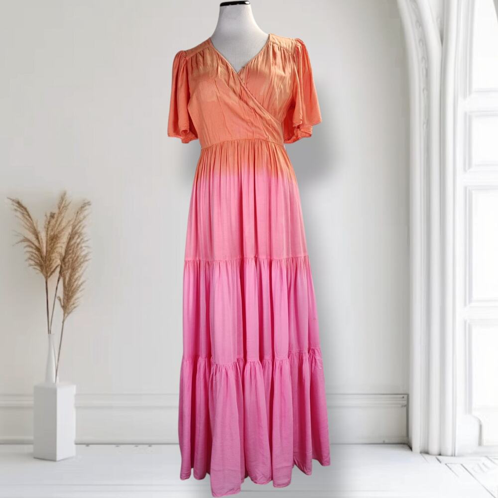 Ivy City Co Ombré Tiered Maxi Dress M Pink Orange Surplice Modest